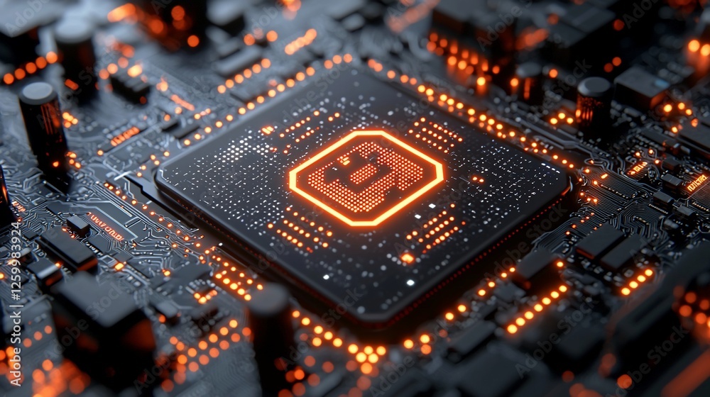 Aufkleber illuminated cpu chip on circuit board; technology background