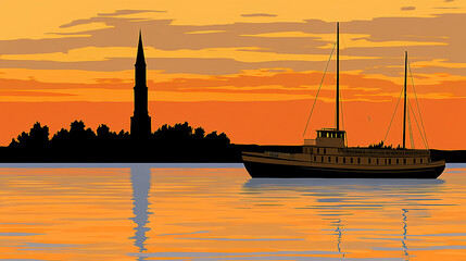Naklejka premium Sunset sailboat journey tranquil waterway digital art serene landscape wide angle adventure