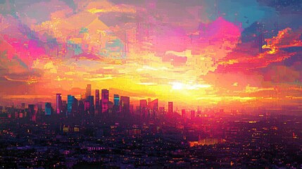Fototapeta premium Vivid sunset illuminates a bustling cityscape with towering buildings