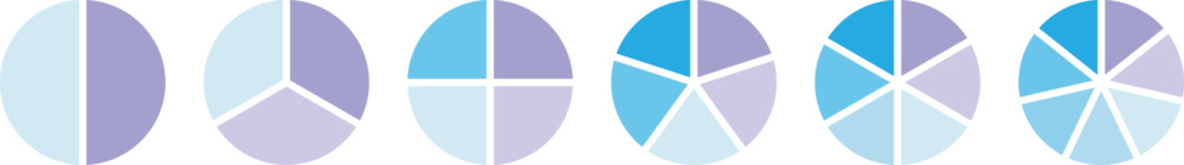 Pie chart set. Circle section graph. Pie chart divided 1,2,3,4,5,6,7,8,9,10,11,12 equal parts. Circle division infographic icon set. Infographic wheel segment or section parts. Vector illustration