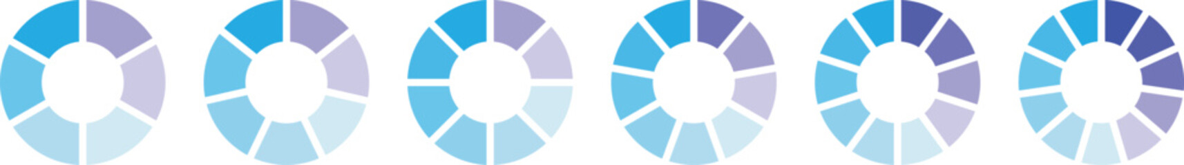 Pie chart set. Circle division infographic icon set. Circle section graph. Pie chart divided 1,2,3,4,5,6,7,8,9,10,11,12 equal parts. Infographic wheel segment or section parts. Vector illustration