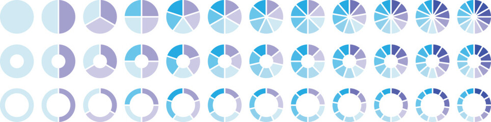 Pie chart set. Circle section graph, Circle division infographic icon set. Pie chart divided 1,2,3,4,5,6,7,8,9,10,11,12 equal parts. Infographic wheel segment or section parts. Vector illustration