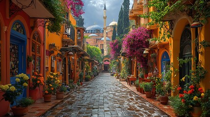 Fototapeta premium Colorful alleyway in Istanbul with mosque in background, perfect for travel brochure
