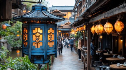 Illuminated Lantern, Evening Street, Japan, Tourists Dining