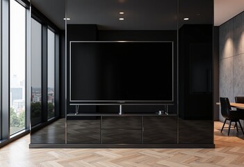 Ultrarealistic LED TV on Mirror Wall: Black Modern Office with Metal Accents, Cinematic 4K Mockup for Interior Design, Tech Presentations, and Digital Product Showcases.

