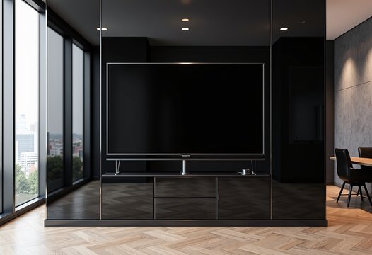Ultrarealistic LED TV on Mirror Wall: Black Modern Office with Metal Accents, Cinematic 4K Mockup for Interior Design, Tech Presentations, and Digital Product Showcases.

