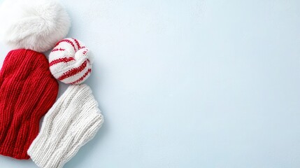 Cozy winter hats and gloves on blue background