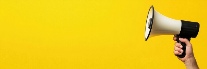 Hand holding megaphone against yellow background.