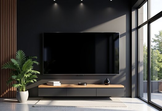 Ultrarealistic LED TV Mockup in Black Modern Office: Cinematic 4K Image Featuring a Mirror Wall, Metal Accents, and a Cutting-Edge Display, Ideal for Corporate and Tech Presentations.

