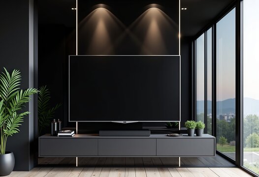 LED TV Mockup on Mirror Wall in Modern Black Office: Ultra-Realistic, Cinematic 4K Display in a Sleek Workspace with Metal Accents, Perfect for Design Presentations and Product Showcases.

