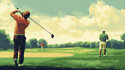 Obraz premium Golfer in orange shirt executes a swing on the green