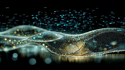 Dynamic Golden and Teal Particles Flowing in Abstract Design Digital Art Showcase Modern Aesthetic High-Definition View
