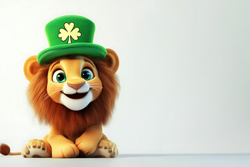 Cheerful cartoon lion wearing a green hat with a shamrock, set against a plain background