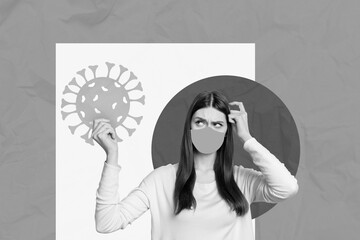 Composite collage image of black white colors minded girl finger scratch head look arm hold bacteria isolated on drawing background