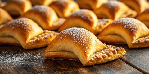 A close up of a mouth-watering batch of glazed pastries with powdered sugar sprinkled on top.