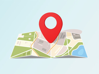 Folded maps navigation, red pin location icon on building city street roads design background, eps 10 vector illustration