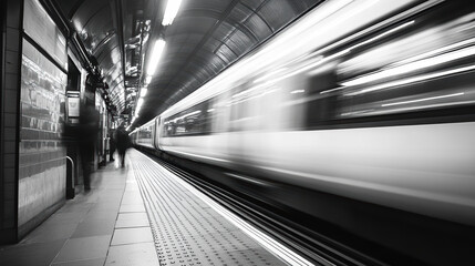 Dynamic Black and White Photograph of a Subway Train in Motion at a Modern Underground Station, Capturing Urban Commute and Transportation Vibes