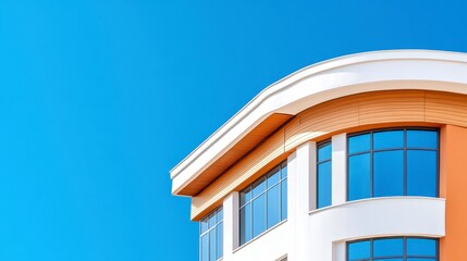 Obraz premium Modern building with curved roofline and large glass windows under a clear blue sky