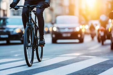 Cyclist commuting on a bicycle, navigating a busy urban street at sunset, weaving through traffic during the evening rush hour