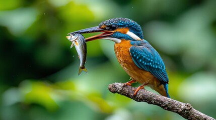 Obraz premium Kingfisher catching fish, forest background, nature wildlife photography, website banner