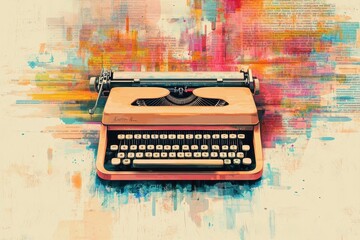 Vintage typewriter sits against a backdrop of colorful abstract writing