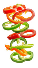 flying Sliced red green and yellow peppers isolated on transparent white background, clipping path