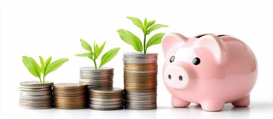 Piggy bank beside growing stacks of coins with green sprouts symbolizing financial growth