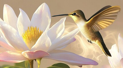 Obraz premium Hummingbird in Flight Near a Lotus Flower Nature Scene Close-Up View Tranquil Environment Beauty of Nature