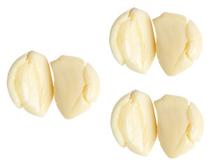 Top view set of peeled pounded garlic cloves in three stack isolated on white background with clipping path