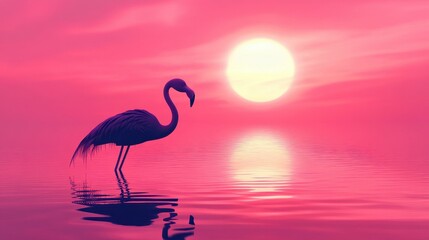 Flamingo stands peacefully in the water at sunset time