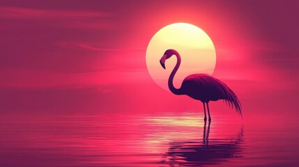 Flamingo stands gracefully in water during a vibrant crimson sunset