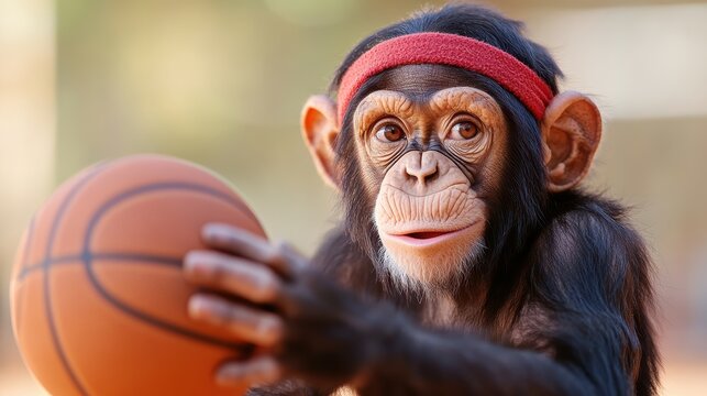 Determined Chimpanzee Dribbling Basketball with Red Headband in Gym