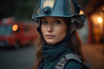 40 years old Thai female firefighter looking at camera against blurred firestation background.