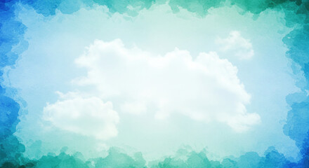 Blue green watercolor background with white cloudy center and abstract watercolor sky border design texture