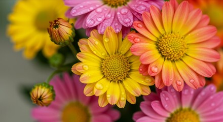 Colorful flowers close-up with water droplets