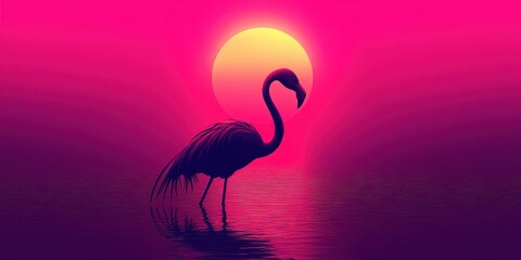 Fototapeta premium Silhouette of flamingo stands peacefully at sunset by water