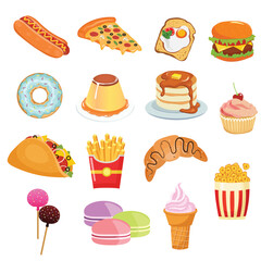 Big variety of colorful fast foods. Pastry, desserts, fun fair treats, breakfast and lunch snacks . Set of isolated vector cartoon icons. emoji