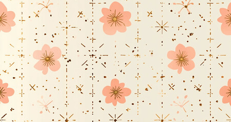 Gold modern minimal floral geometric seamless pattern, Simple vector gold and pink abstract background with small flowers, tiny crosses, grid, and lattice. Subtle minimalist repeat texture