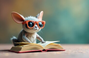 Toy plush moth in colored glasses reading a book. Trendy character, template for notebook, teenager's diary design, with space for text