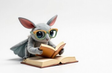 Toy plush moth in colored glasses reading a book. Trendy character, template for notebook, teenager's diary design, on white with space for text