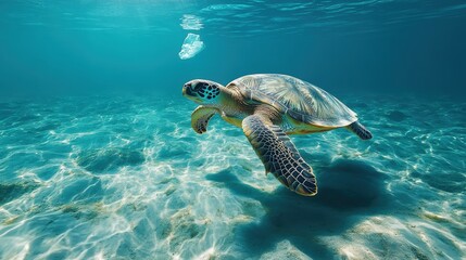 Obraz premium Sea turtle gliding gracefully over a pristine ocean floor with hidden dangers