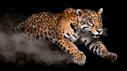 Naklejka premium Majestic Jaguar Leaping Through Misty Jungle Wild Animal Action Shot Nature Environment Dynamic Viewpoint