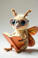 Toy plush moth in colored glasses reading a book. Trendy character, template for notebook, teenager's diary design