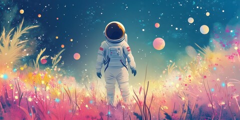 Obraz premium An astronaut stands in a pastel meadow under a starry sky