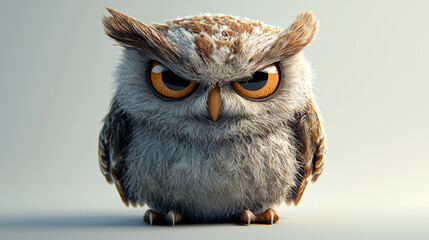 Big bad angry owl staring fiercely at the viewer in a neutral setting with soft lighting and an intense demeanor