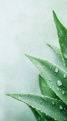 Dew covered aloe vera leaves on light green background for natural fresh skincare concept