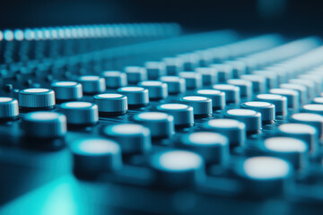 Obraz premium Closeup of audio mixer with glowing blue lights in studio setting for music production technology concept