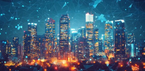 Fototapeta premium Illuminated cityscape overlaid with digital network connection diagram