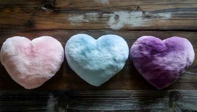 Three pastel heart pillows on rustic wood