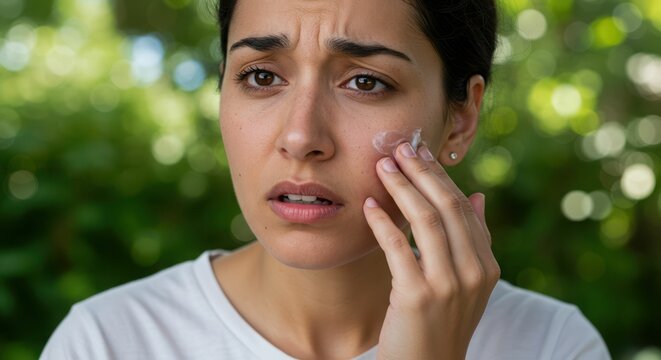 Concerned young hispanic woman applying skincare cream outdoors with nervous expression